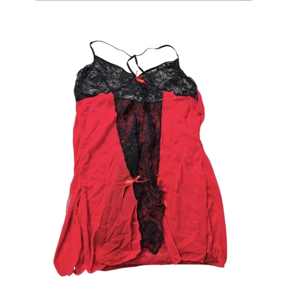 Sexy Red & Black Lace Babydoll Lingerie Chemise Nightgown Mesh Slip‎ - Plus XXXL